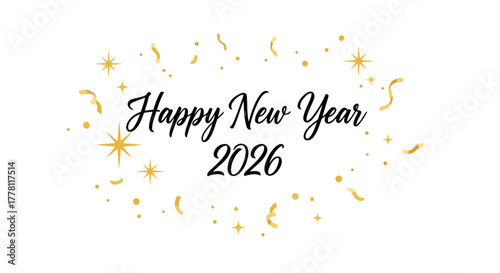 Festive New Year 2026 Celebration with Golden Confetti and Stars Design