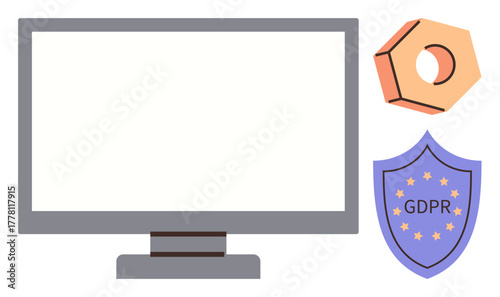 Monitor screen, GDPR shield, and hexagonal settings nut represent cybersecurity, data privacy, compliance, regulation, online safety, user trust, and secure systems in simple flat metaphor