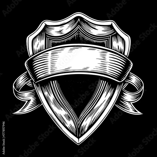 Vintage shield with ribbon emblem black and white illustration