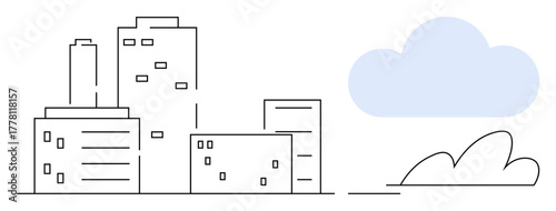Linear cityscape of tall buildings and smaller structures with a cloud and bush representing simplicity and urban harmony. Ideal for real estate, architecture, planning, environment, urban living