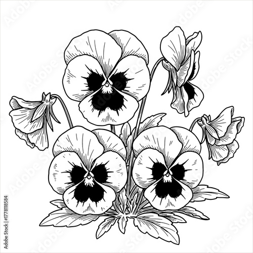 Pansy flower in black and white sketch style. Botanical blooming plant garden. Detailed line art. Vector illustration for coloring book, print, decoration