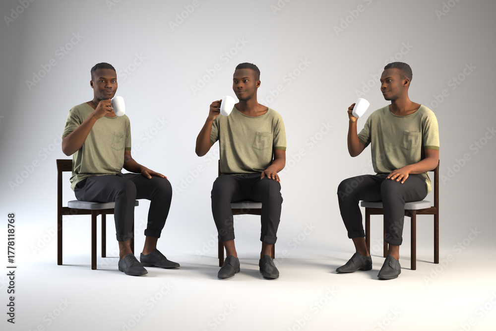 Obraz premium Three renderings of the same person drinking from mugs.