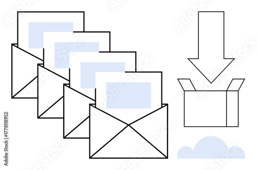 Envelopes containing documents being stored into a cloud storage box via download arrow. Ideal for email organization, digital storage, data management, cloud technology, productivity, digital