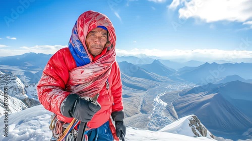 A portrait of an experienced mountain climber with an ice axe standing on a snowy summit overlooking a vast, epic mountain range
