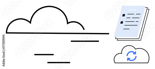 Simplified cloud with floating lines, documents, sync icon in minimal style. Ideal for technology, storage, file sharing, innovation, workflow productivity data safety. Simple flat metaphor