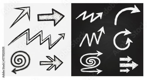 Hand Drawn Arrow Line Icon Set – Brush Sketch & Chalk Texture Vector
