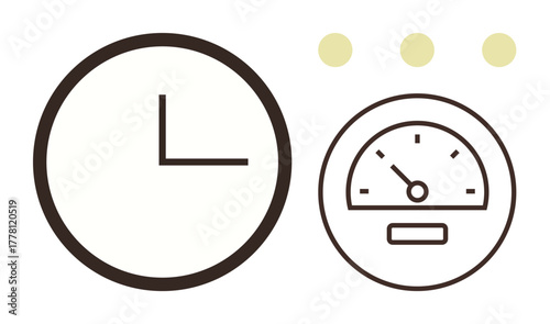 Minimalist clock and speedometer with yellow dots symbolizing time, speed, progress, productivity, and efficiency balance. Ideal for business, productivity, time tracking, workflow performance goal