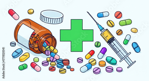 Green Cross with Medicine Bottle & Syringe – Colorful Pills & Capsules Illustration