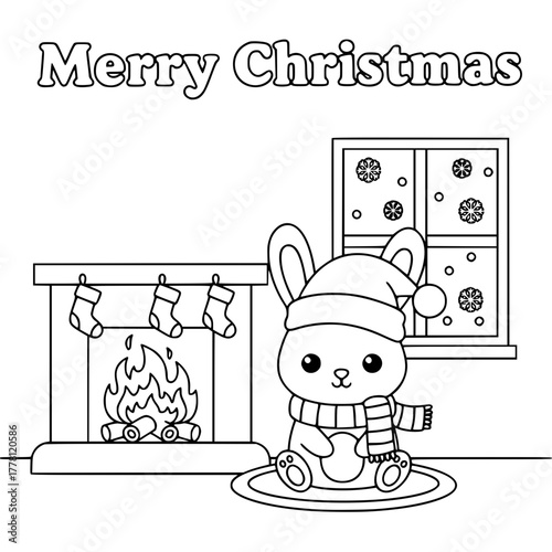 Rabbit in winter cabin, coloring book page for toddlers Generative AI