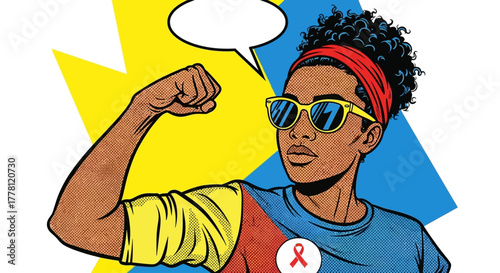 Pop art illustration of an empowered African American woman with sunglasses flexing her bicep, wearing a red ribbon for HIV awareness and support