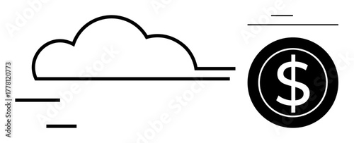 Black stylized cloud paired with a dollar coin, framed by minimalist lines. Ideal for technology, finance, cloud storage, innovation, e-commerce, online transactions and digital economy themes. A