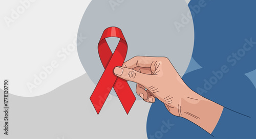 A supportive hand holding a red ribbon, a symbol of solidarity and awareness for the global fight against HIV and AIDS