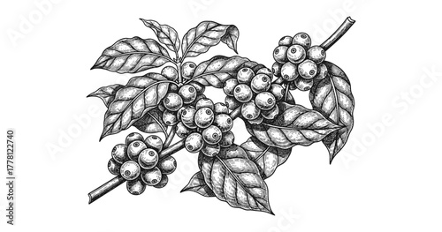 Detailed monochrome engraving of coffee plant with leaves and berries