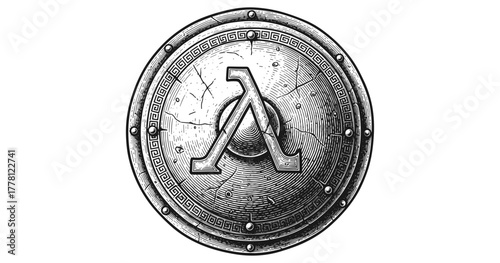 Ancient greek shield with lambda symbol in engraved style design