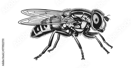 Detailed monochrome engraving of a bee showing intricate wing and body patterns