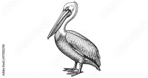 Detailed pen drawing of standing pelican on a white background