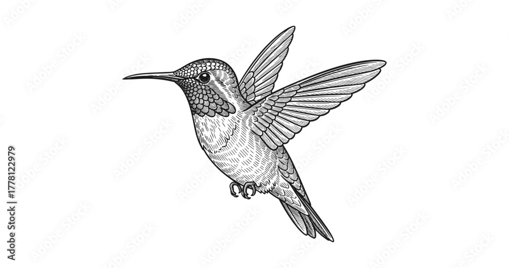 Fototapeta premium Detailed black and white hummingbird with subtle color accents in flight