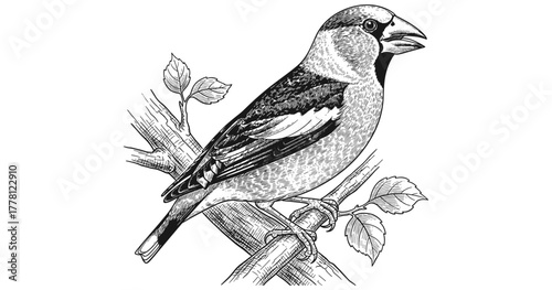 Detailed bird drawing of hawfinch on branch with leaves in black and white