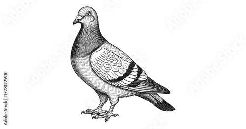 Detailed hand-drawn pigeon in black and white on a minimalist background
