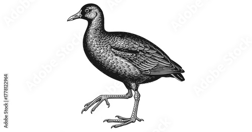 Detailed black and white engraving of a single bird with intricate feather design