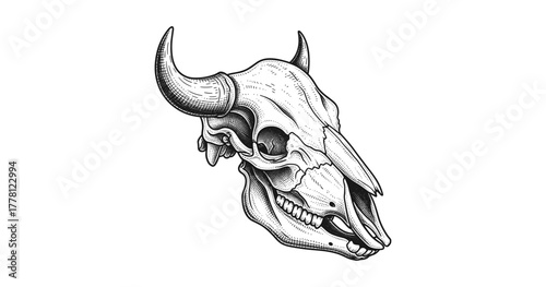 Detailed black and white bull skull with horns in stipple art technique