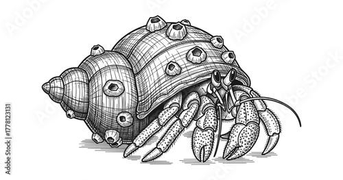 Detailed line art of hermit crab in shell with barnacles