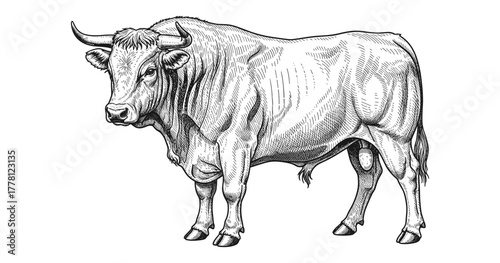 Detailed engraved drawing of bull with textured lines
