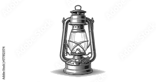 Vintage kerosene lantern line art with intricate detailing on white background