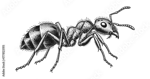 Intricate detailed engraving of an ant in vintage style