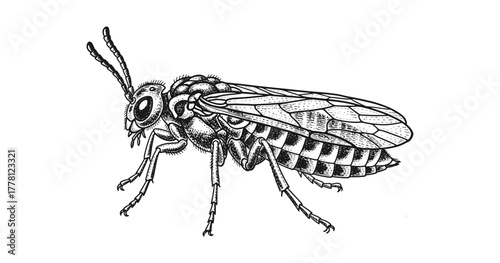 Intricate black and white drawing of a detailed fly