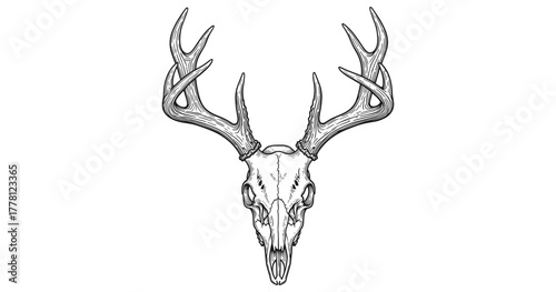 Intricate deer skull with antlers: black and white line art design