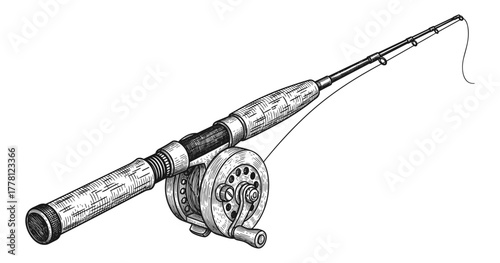Detailed ink drawing of a classic fishing rod with reel