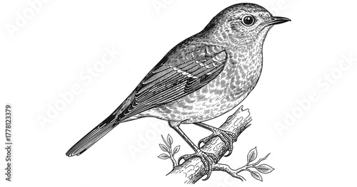 Detailed bird drawing on branch with leaves in classic black and white ink