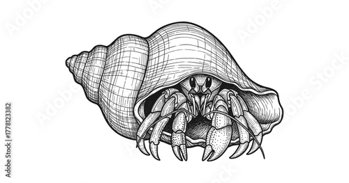 Detailed black and white hermit crab in spiral shell line art