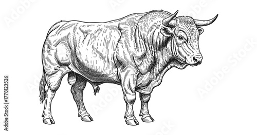 Detailed engraving of a powerful bull against a white background
