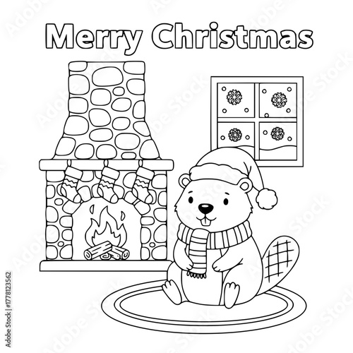 Beaver by fireplace with stockings and “Merry Christmas,” coloring book page for toddlers Generative AI
