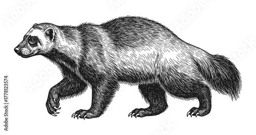 Detailed black and white wolverine engraving art on white background