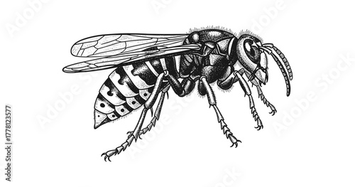 Detailed black and white ink drawing of a hornet with intricate shading