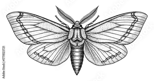 Intricate hand-drawn moth with detailed wings in vintage style