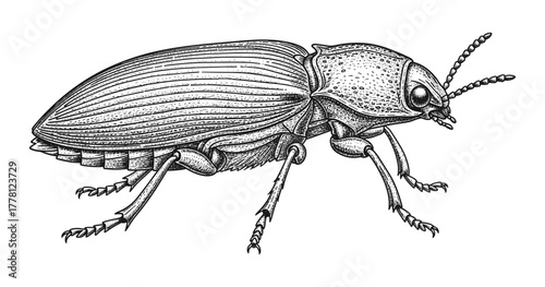 Detailed hand drawn beetle in monochrome engraving style