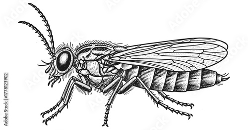 Intricate black and white stippling of a detailed flying insect design