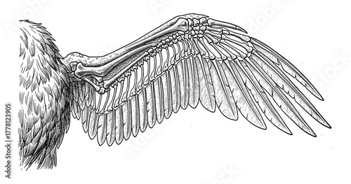 Detailed anatomical drawing of bird wing structure in vintage style