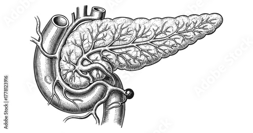 Detailed engraving of human pancreas with arteries and veins in black and white