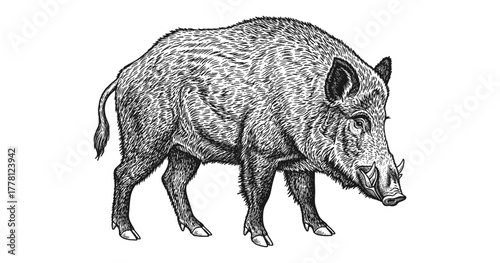 Detailed engraving of wild boar with intricate fur patterns