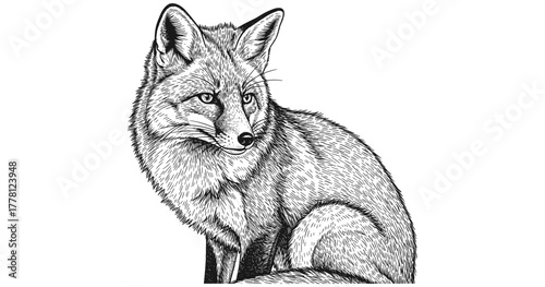 Intricate black and white fox sketch: detailed wildlife art for nature designs