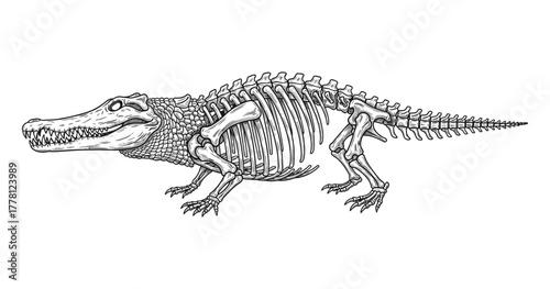 Detailed crocodile skeleton artwork in monochrome linear style