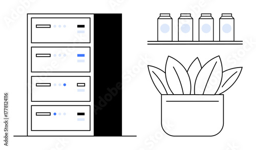 Storage cabinet with drawers alongside a potted plant and jars on a shelf. Ideal for workspace, organization, minimalism, indoor plants, productivity, neat storage, natural decor. A simple flat