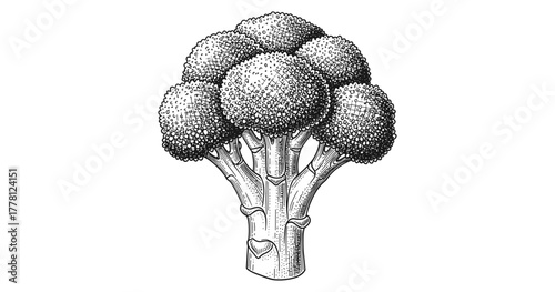 Detailed black and white broccoli sketch in classic vintage style