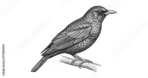 Intricate blackbird drawing with detailed feather pattern in vintage style