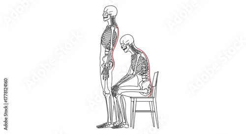 Two skeletons one standing and one sitting on a chair with a curved spine line
